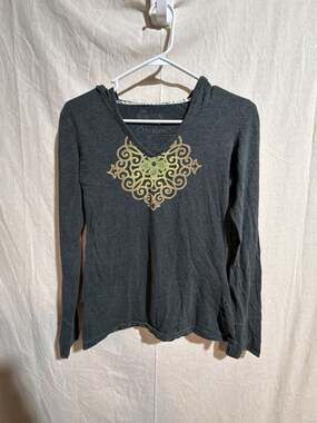 Green Apple Organic Cotton Grey V-Neck Long Sleeve Hoodie Top with Front Graphic